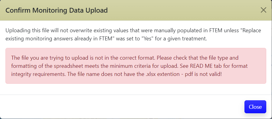 indicates the file does not have. xlxs extension