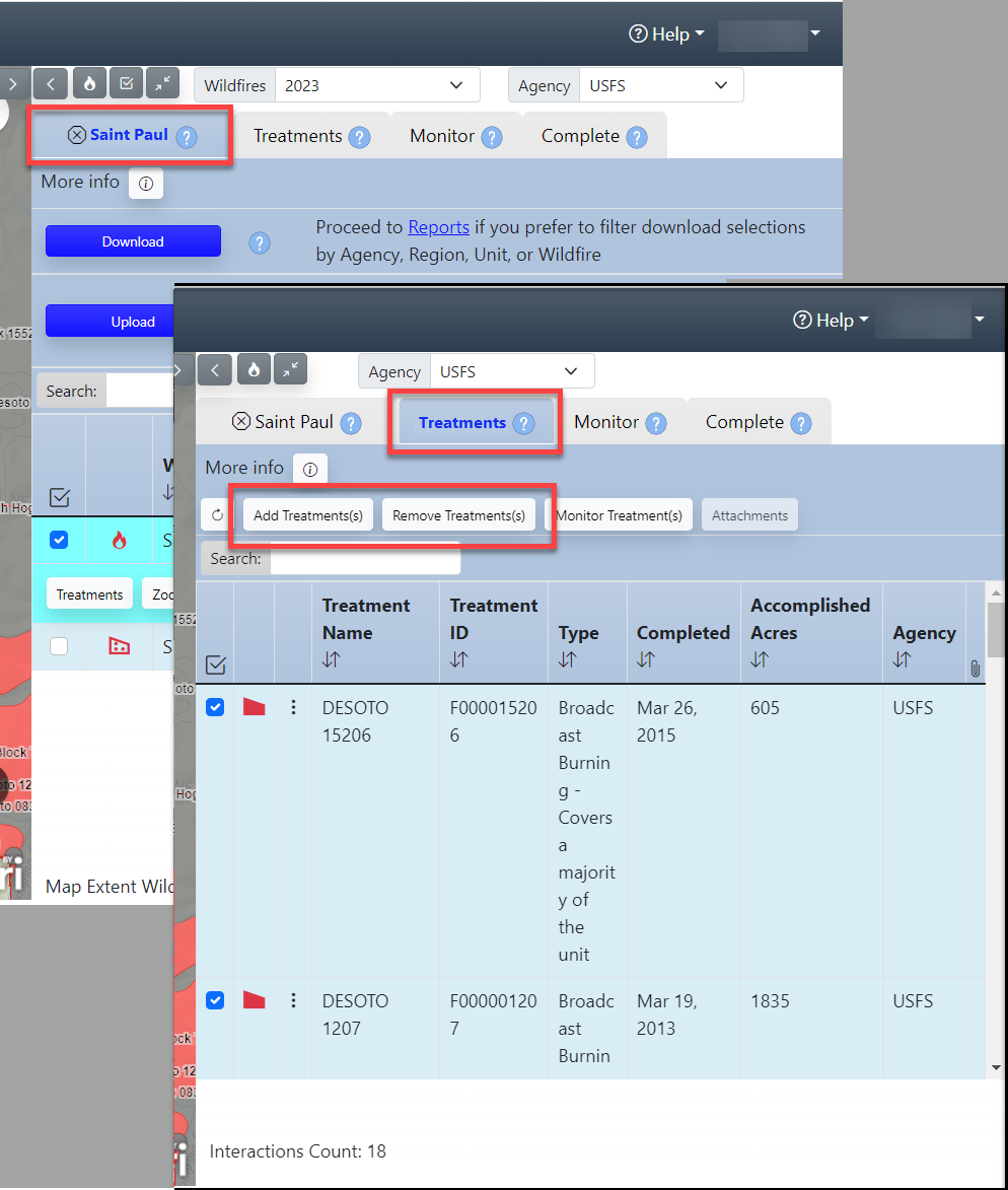 FTEM Wildfire tab circled in red on the left, FTEM Treatments tab, Add Treatment button, and Remove Treatment button circled in red on the right.