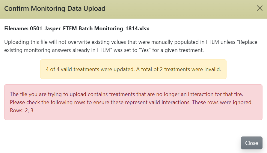 The file you are trying to upload contains treatments that are no longer an interaction for that fire.