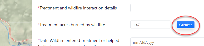 "Calculate" button, if present, is a blue button with "calculate" in white text. It is located to the right of the "Treatment acres burned by wildfire" field. 