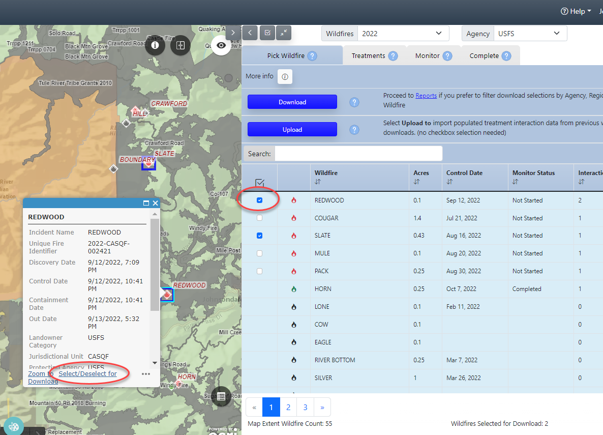 Wildfires may be de-selected from the wildfire tab or the map.