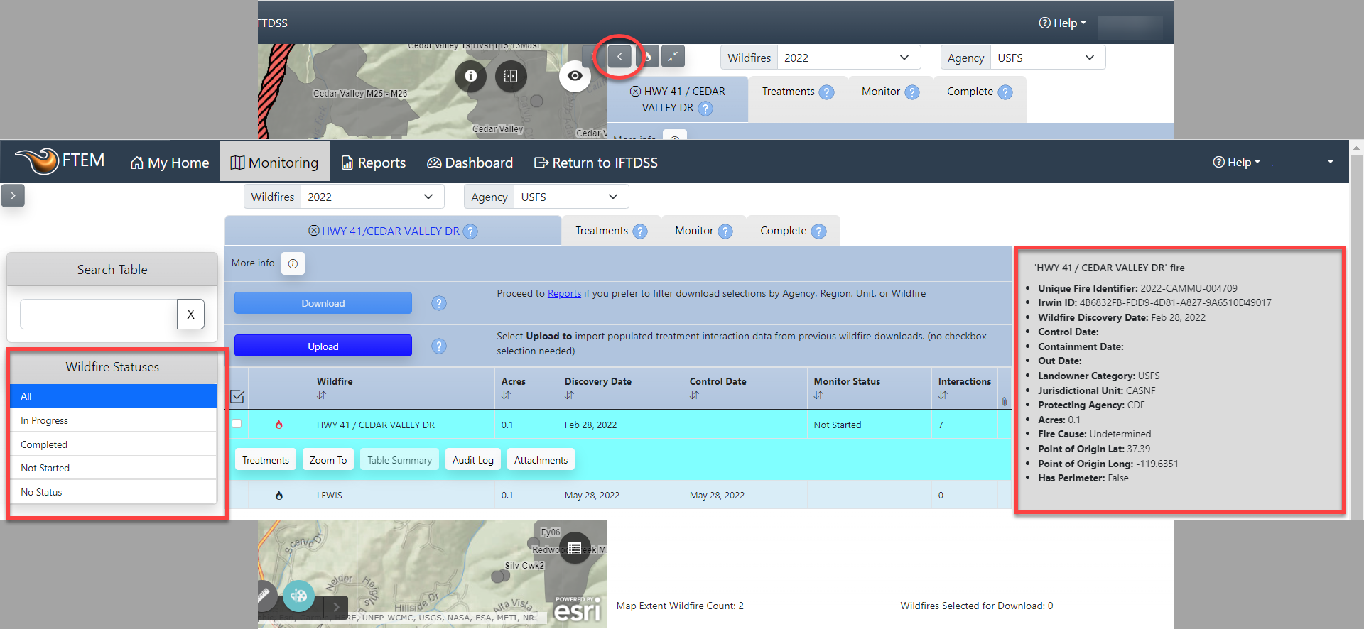 Right Hand Panel showing fire metadata