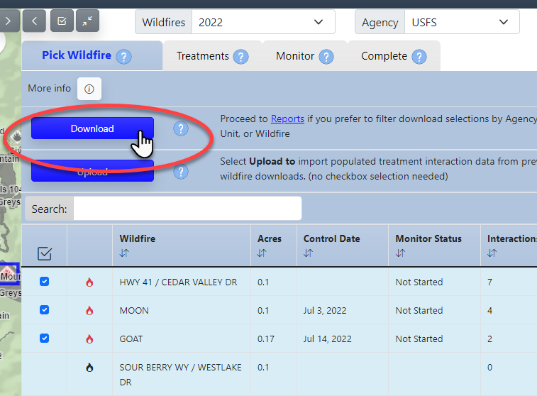 The Download button circled in red on the Wildfire tab.