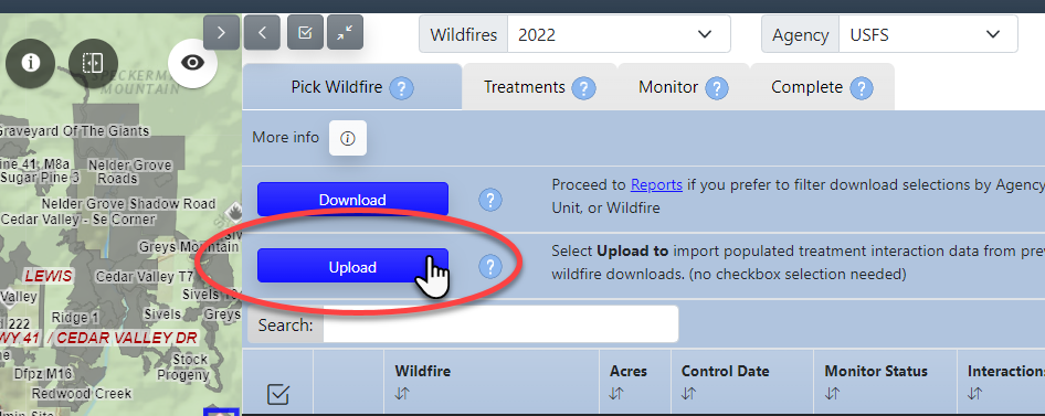 The Upload button circled in red on the Wildfire tab.