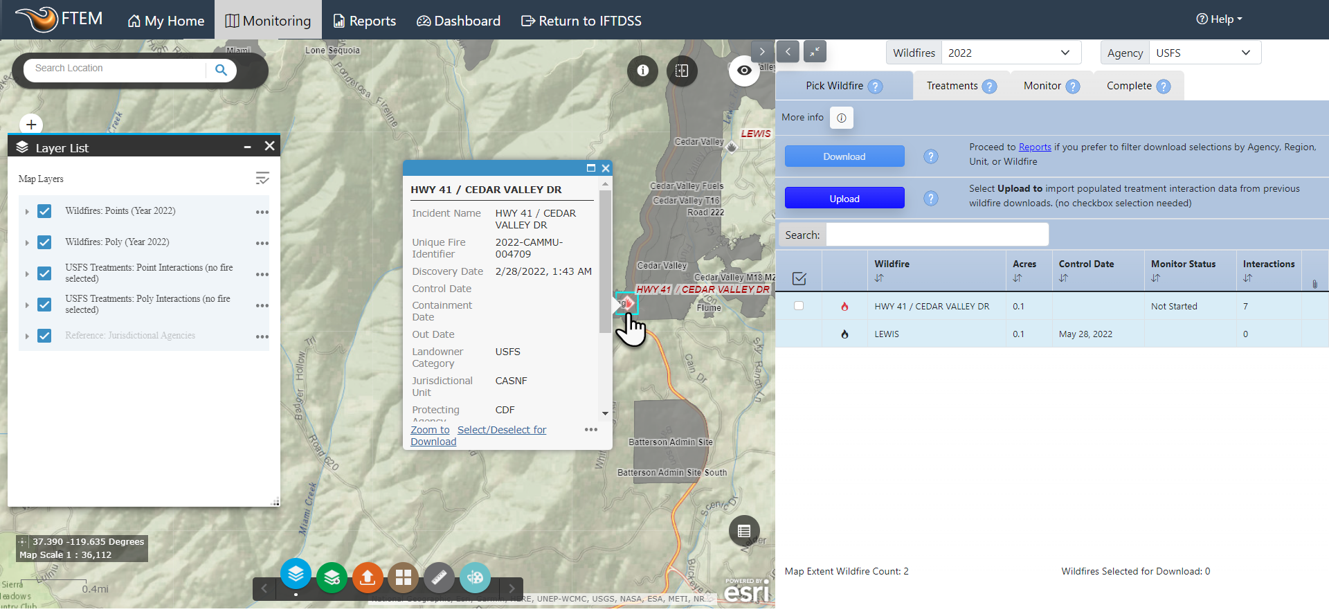 A data box visible for a selected fire. At the bottom there is a "Select/Deselect for Download" option.