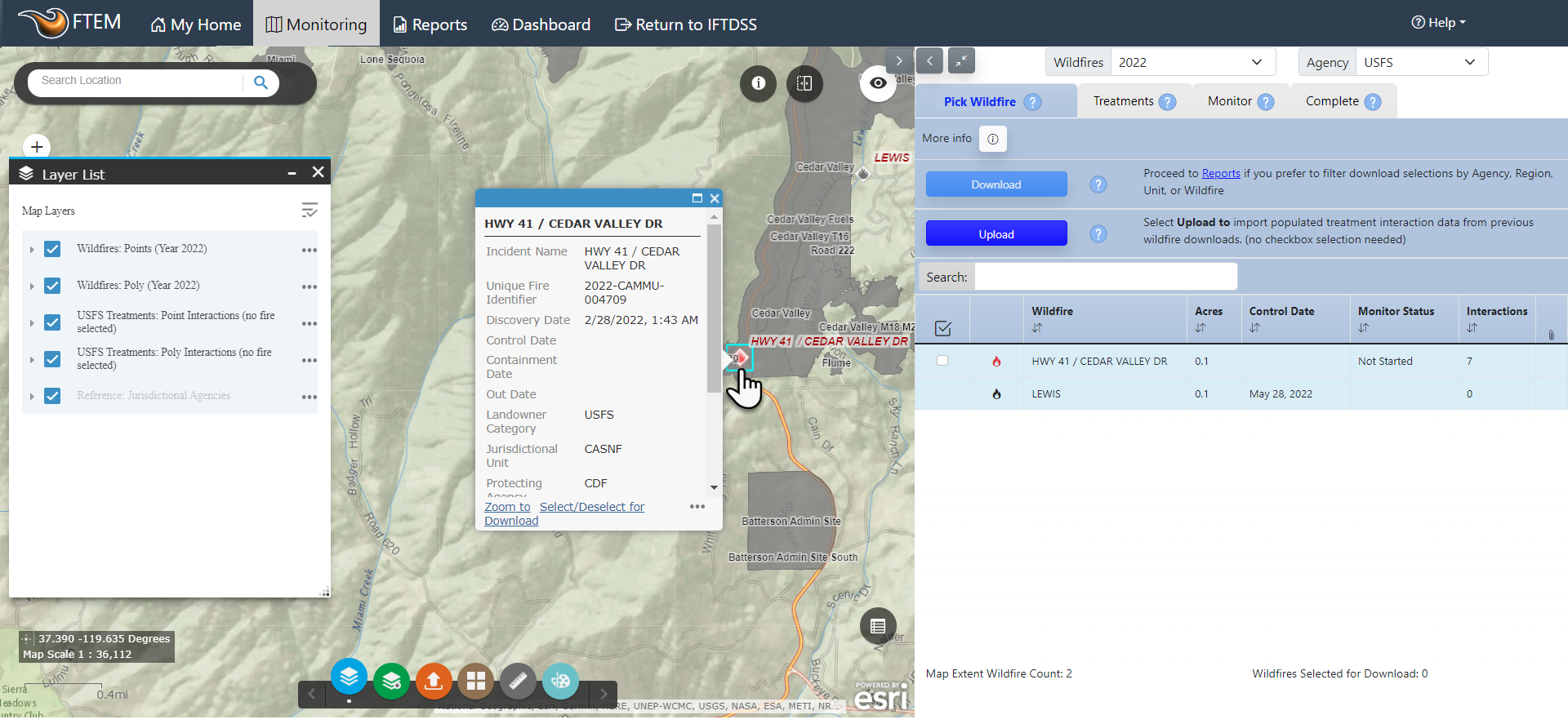A data box visible for a selected fire. At the bottom there is a Select/Deselect for Download option.