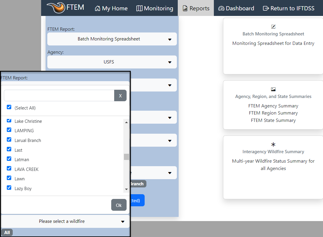 filter options for selecting fires that you can generate a batch monitoring spreadsheet for.