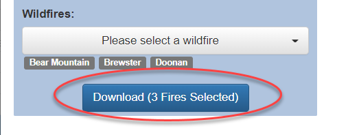 download button indicating three wildfires are selected.
