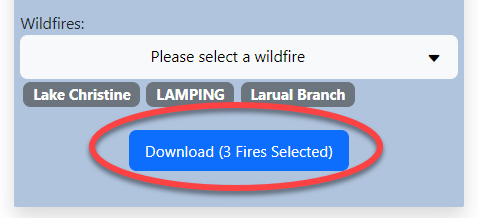 download button indicating three wildfires are selected.