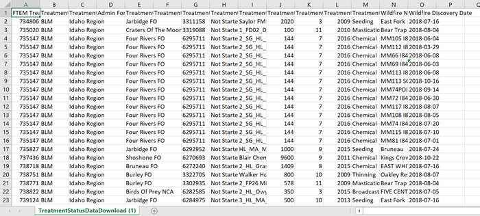spread sheet view of treatment status data