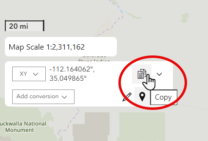 The copy icon appears to the right of the coordinates after hovering the mouse over the coordiantes.