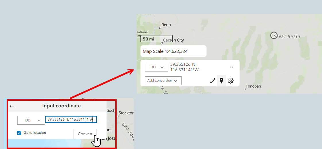 The 'go to location' box is checked, coordinates are entered, and the Convert button is in the bottom right. Clicking 'Convert' will navigate to the coordinate location on the map.
