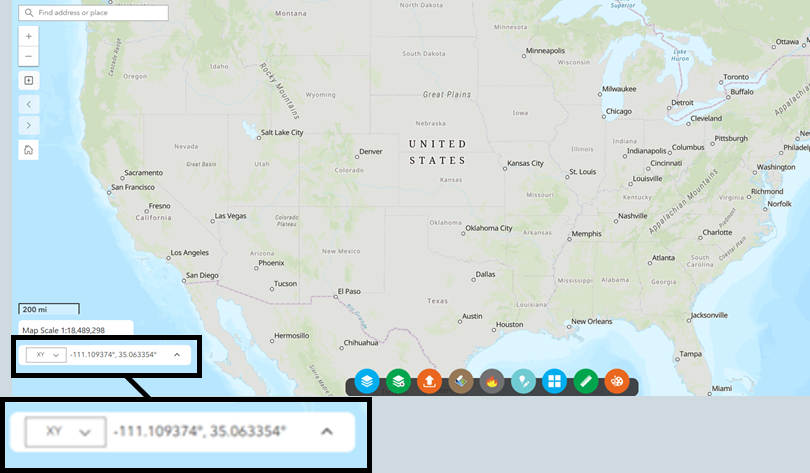 map studio with the coordinate options magnified in the bottom left.