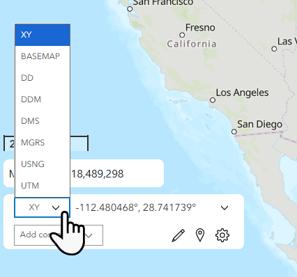 Coordinate location options are shown in the drop-down menu.