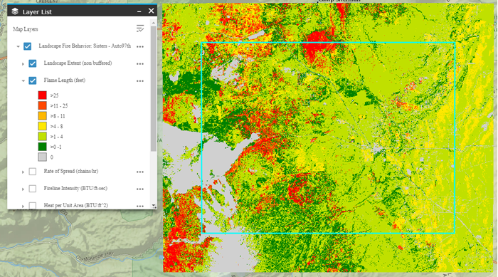 Flame Length outputs produced from the Landscape Fire Behavior model.