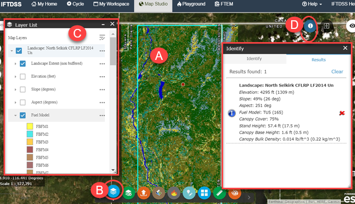 Layer List and Identify widgets are both open in Map Studio