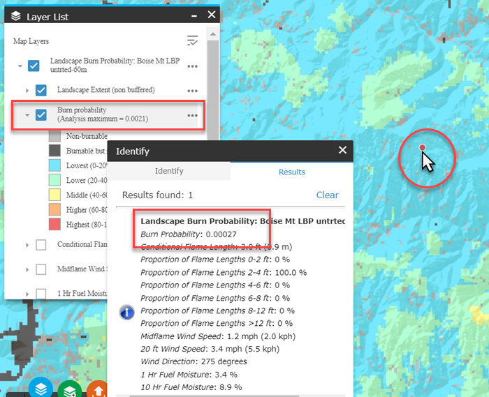 using Identify in map studio to view additional burn probability outputs for a pixel.