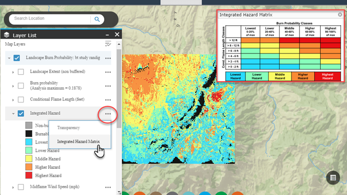 Map studio with Layer List and Integrated Hazard Matrix table both visible.