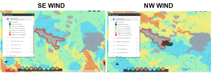 in the landscape with SE winds most of the area burned, in the landscape with NW winds, there are patches of unburned area