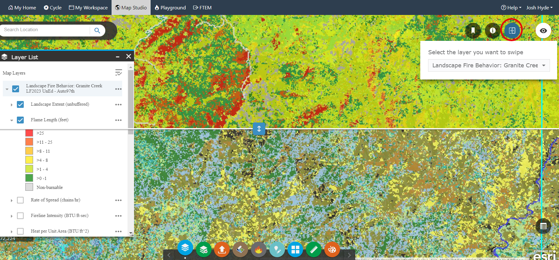 Fire behavior seen in the top half of the slider and landscape features seen in the bottom.