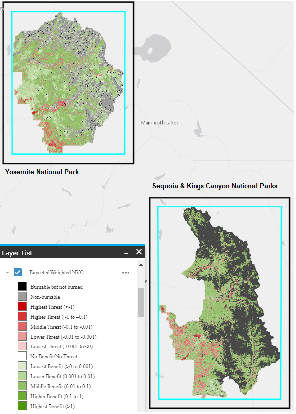 Two QWRA output maps, Yosemite National Park is shown left. Sequoia & Kings Canyon National parks are shown right. Layer List is shown in the lower left corner.