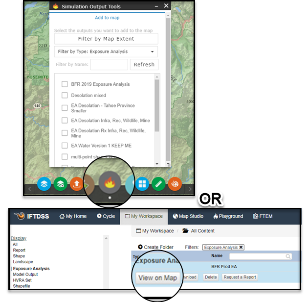 Exposure Analysis Outputs may be viewed in an existing Map Studio session by using the "Simulation Output Tools" widget or opened in Map Studio from My Workspace by using the "View on Map" button.