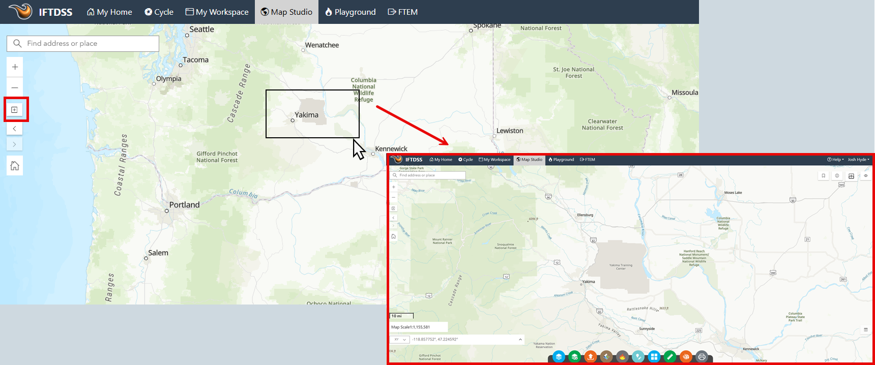 highlighting an area with the 'zoom to rectangular extent' button will zoom to the area highlighted.