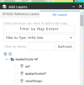 Add Layers widget with 'My Layers' tab open and a list of HVRA Sets