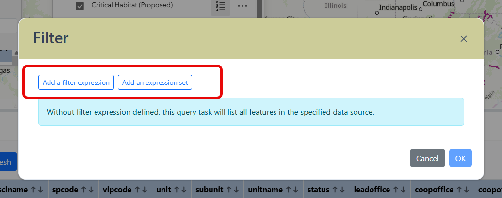 filter dialog box with options in the top left to add a filter expression or add an expression set.