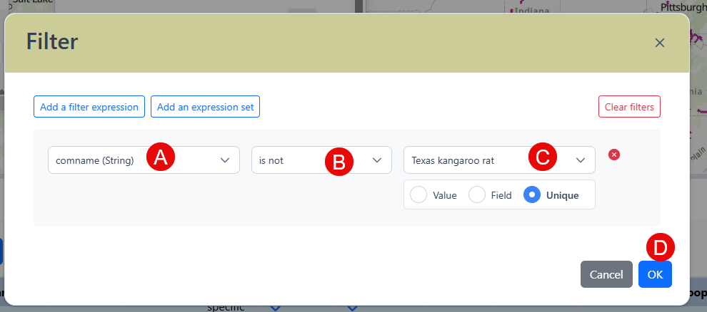 add a filter expression with fields to select a field, operator, and the data being filtered.