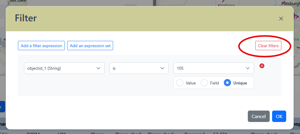 The Clear filters button, in red, located in the top right of the Filter dialog.
