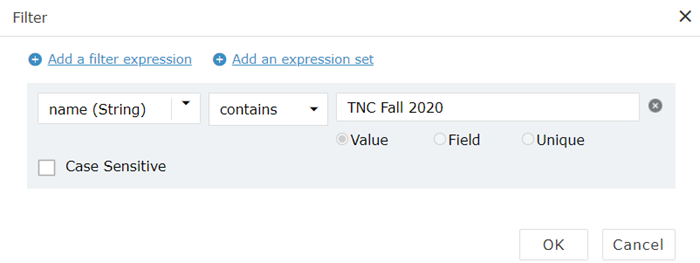 specifying the name and filter criteria in the provided text fields