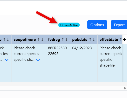 Filters Active indicator visible to the left of the Options button.