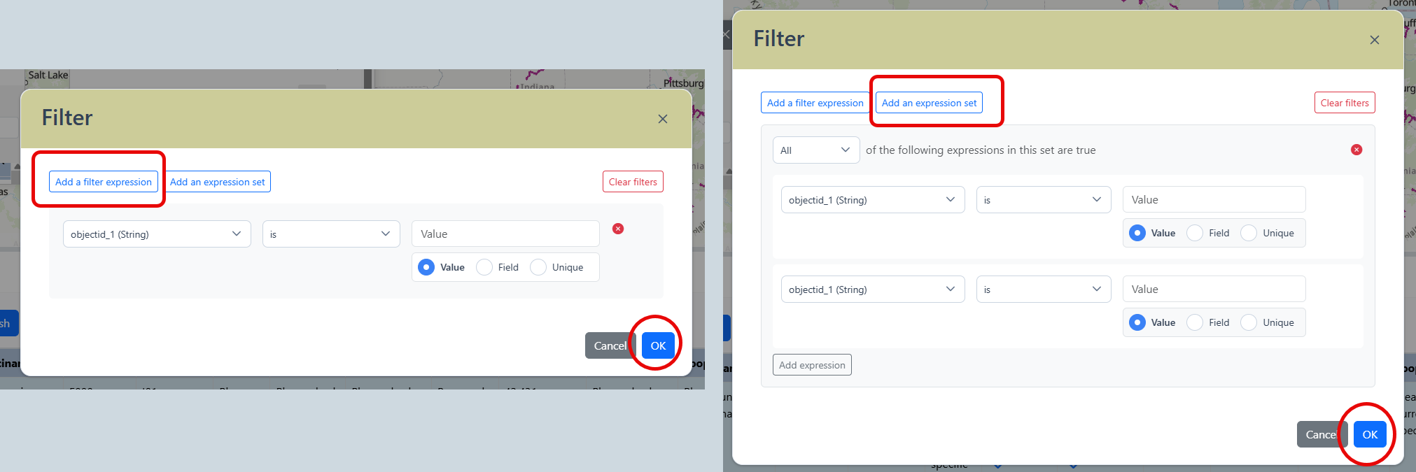 Both filter options shown side by side. Left is the Add a filter expression interface center with fields and the OK button in the bottom right. Right is the Add an expression set interface with fields in center and the OK button in the bottom right.