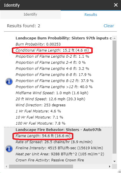 'Identify' box showing flame length from a Landscape Fire Behavior run as 54.6 ft versus 15.2 ft for conditional flame length from a Landscape Burn Probability run over the same area.