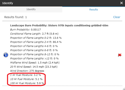 fuel moisture data displays in the Identify widget.
