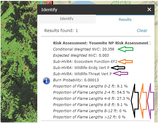 QWRA data used in our Conditional Weighted NVC example calculation. Arrows pointing to certain information are color coded to match the example here, Conitional Weighted NVC with green, Sub-HVRA Ecosystem Function in orange, Sub-HVRA Wildlife Endangered Vertibrate in black, and Sub-HVRA Wildlife Threatened Vertibrate in purple. Black orange and purple arrows also point to the Proportion of Flame Length classes