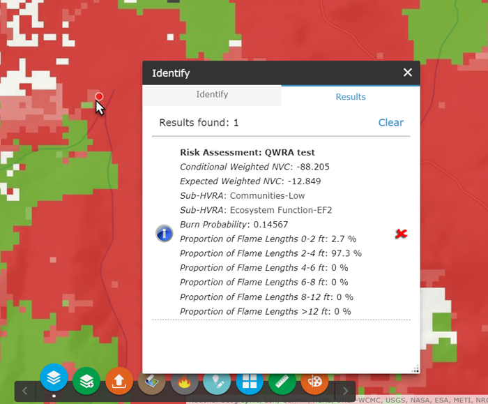 Identify box listing the values for a selected pixel including Conditional and Expected weighted NVC, Sub-HVRAs, Burn Probability, and Proportion of Flame Lengths.