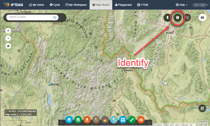 the identify tool is located in the top right of map studio