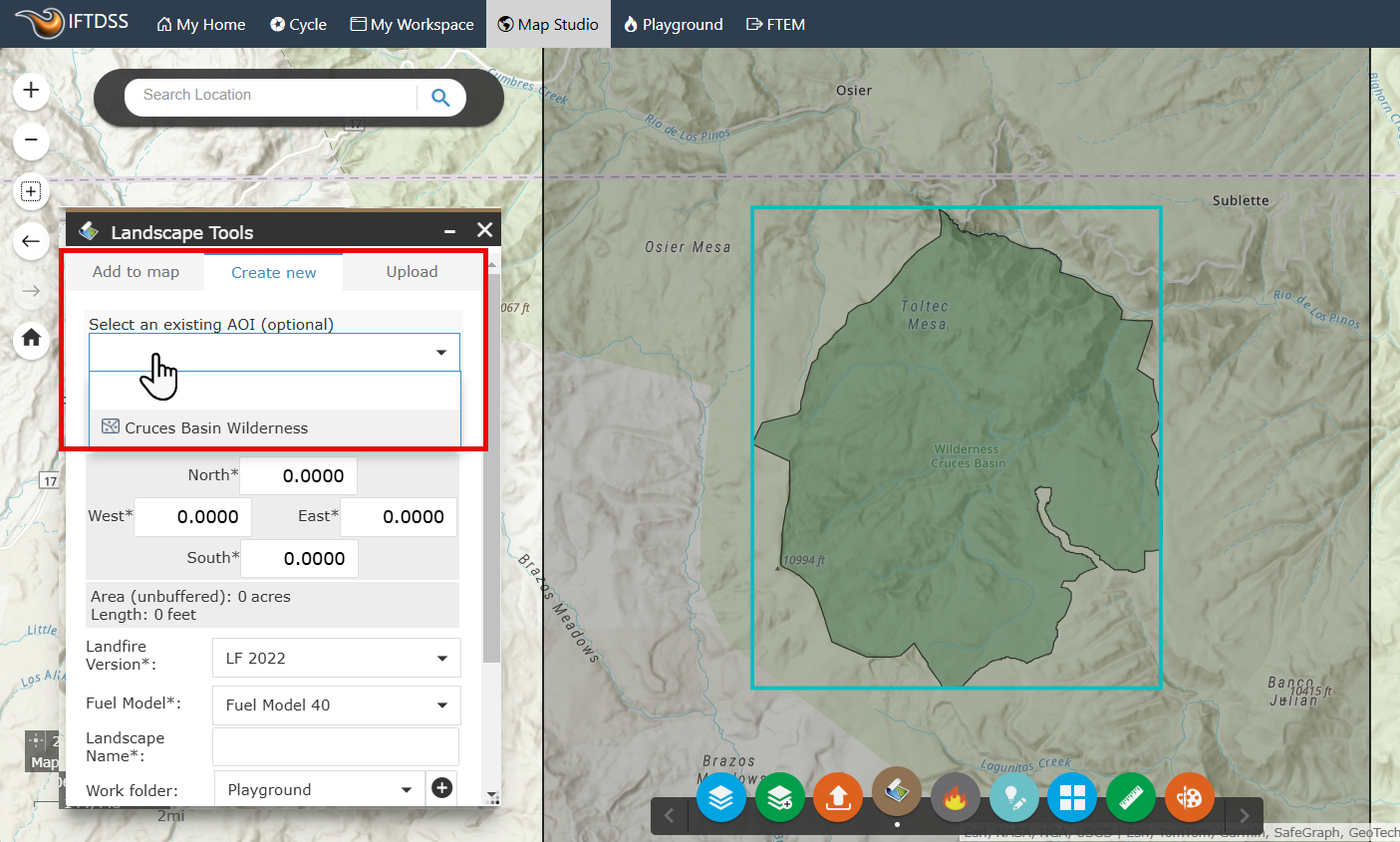 A boundary is clearly visible around the "cruces basin wilderness" shape.