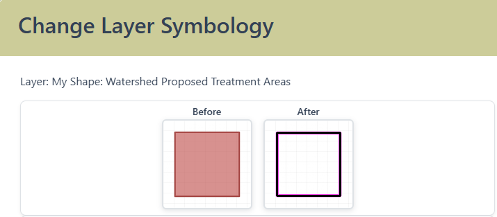 Preview of shape symbology changes with the unchanged symbology shown on the left under the "Before" title, and the symbology changes shown on the right under the "After" title.