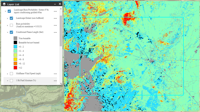 Conditional Flame Length outputs produced from the Landscape Burn Probability model.