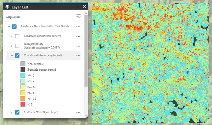 Map Studio display with layer list on the bottom left and conditional flame lengths shown with different colors associated with different conditional flame length classes.