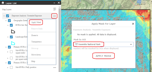 The "Apply Mask" option in Layer List open, with the shape "Yosemite National Park" selected as the mask.