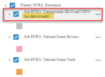 A Sub-HVRA shown in Layer List followed by "no data in mask" listed in parentheses. 