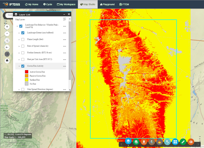 crown fire activity layer in IFTDSS Map Studio with the Layer List open