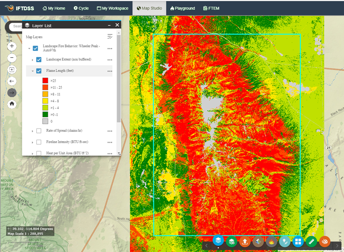 flame length layer in IFTDSS Map Studio with Layer list open