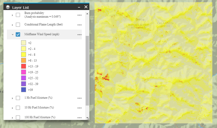 landscape shown in map studio with much of the landscape shown in shades of yellow, corresponding to midflame wind speed classes of  4-8 mph and less.