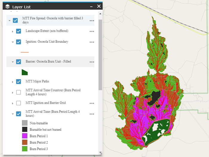 MTT output displayed in Map Studio with different fire arrival times and major paths