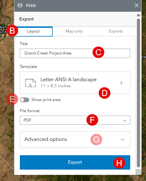 Print map widget contains options for print size, format, and map options.